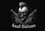 Skull with crossed revolvers and 'Sand Outlaws' text on a black background