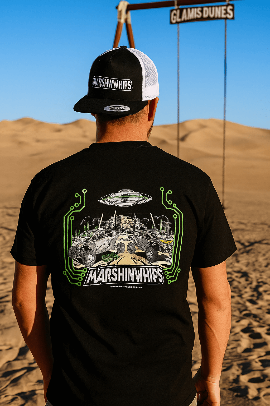 Back print view Marshin Whips Shirt green logo performance tee