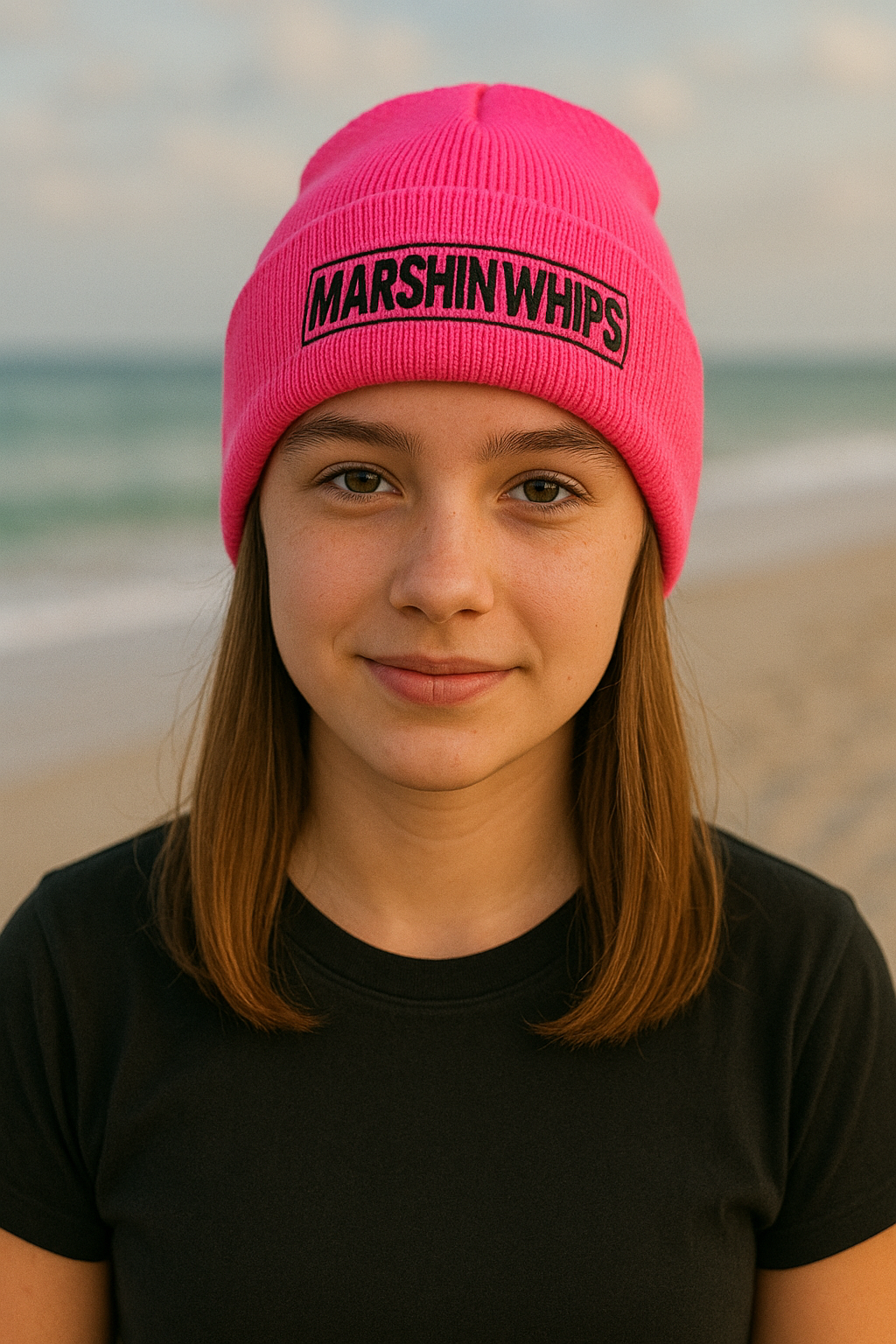 Person wearing a pink beanie with 'MARSHINWHIPS' text on a beach.
