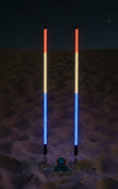 Two LED light whips, one red and one white, on a dark background with a visible brand logo.