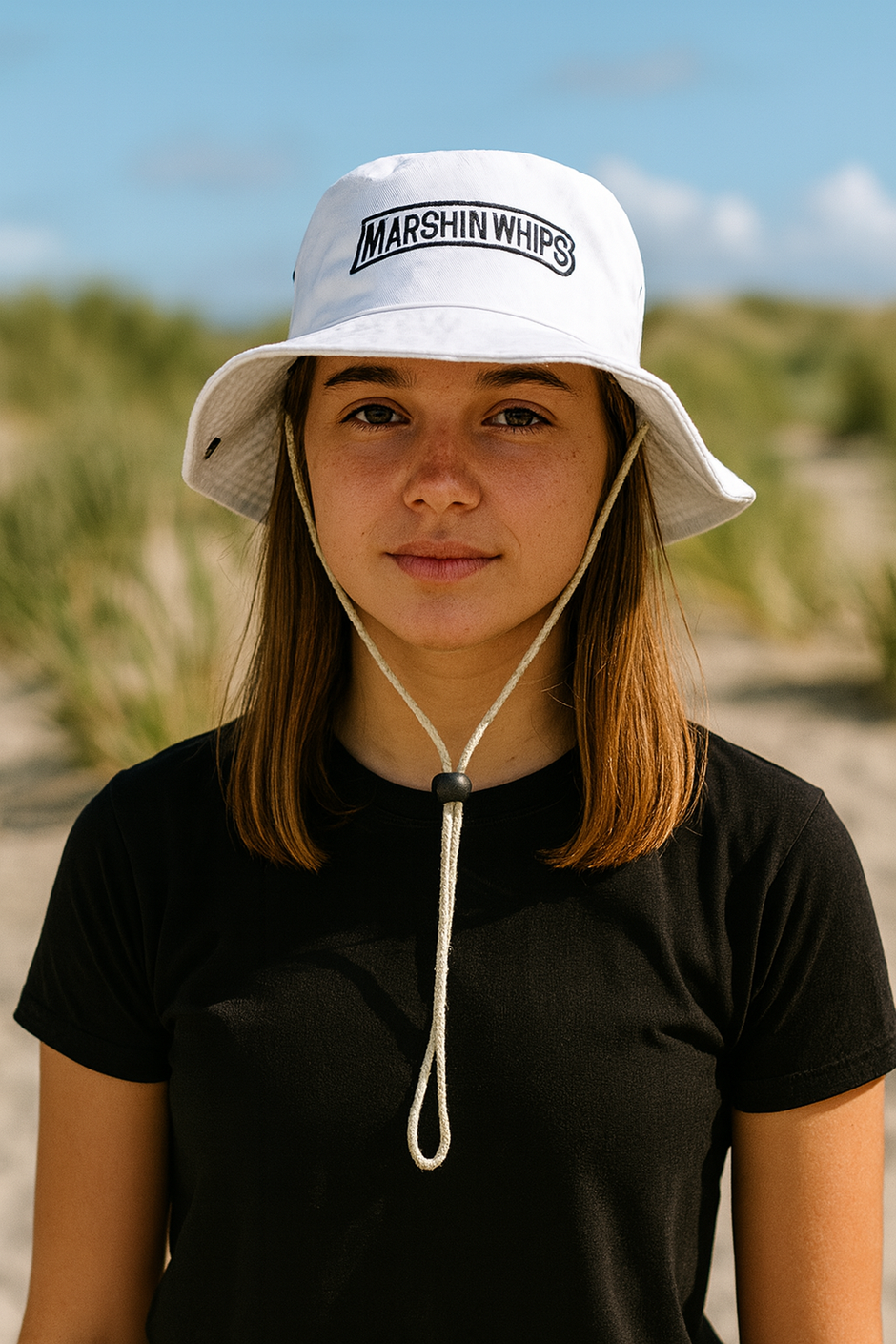 Person wearing a white bucket hat with 'Marshin Whips' logo on a beach.